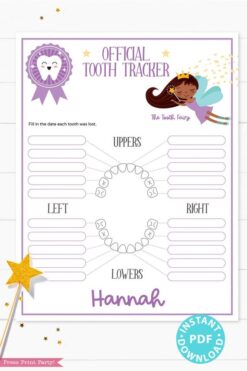 Create a magical tradition. Tooth Fairy printable set purple black tooth fairy for boys or girls with tooth fairy letter, receipt, door handle, first tooth certificate, tooth envelope, cash envelope, baby teeth chart, editable by Press Print Party!