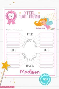 Create a magical tradition. Tooth Fairy printable set pink with letter, receipt, door handle, first tooth certificate, tooth envelope, cash envelope, baby teeth chart, editable by Press Print Party!