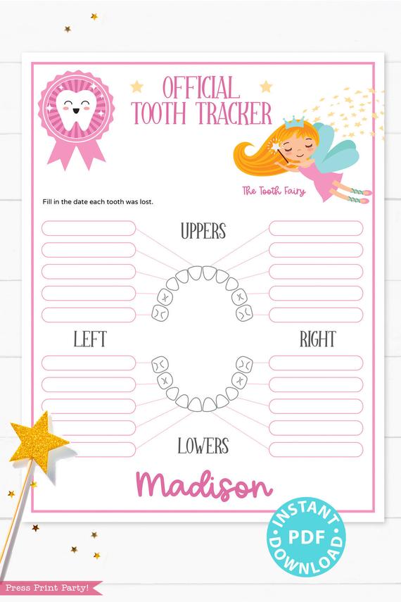 Create a magical tradition. Tooth Fairy printable set pink with letter, receipt, door handle, first tooth certificate, tooth envelope, cash envelope, baby teeth chart, editable by Press Print Party!