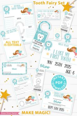 Create a magical tradition. Tooth Fairy printable set blue for boys or girls with tooth fairy letter, receipt, door handle, first tooth certificate, tooth envelope, cash envelope, baby teeth chart, editable by Press Print Party!