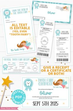 Create a magical tradition. Tooth Fairy printable set blue for boys or girls with tooth fairy letter, receipt, door handle, first tooth certificate, tooth envelope, cash envelope, baby teeth chart, editable by Press Print Party!