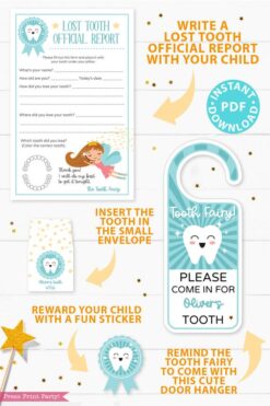 Create a magical tradition. Tooth Fairy printable set blue for boys or girls with tooth fairy letter, receipt, door handle, first tooth certificate, tooth envelope, cash envelope, baby teeth chart, editable by Press Print Party!