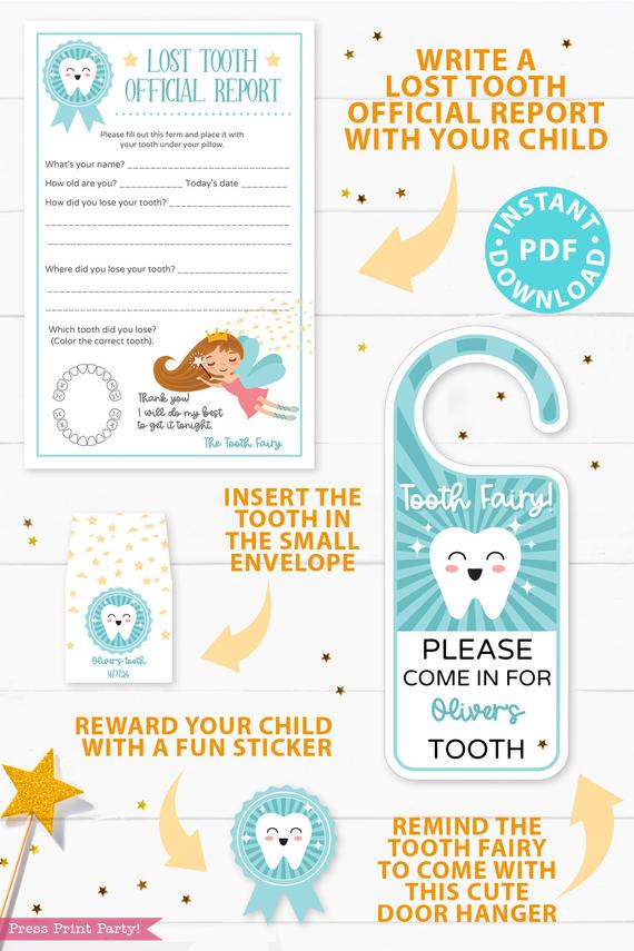 Create a magical tradition. Tooth Fairy printable set blue for boys or girls with tooth fairy letter, receipt, door handle, first tooth certificate, tooth envelope, cash envelope, baby teeth chart, editable by Press Print Party!