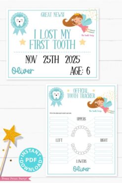 Create a magical tradition. Tooth Fairy printable set blue for boys or girls with tooth fairy letter, receipt, door handle, first tooth certificate, tooth envelope, cash envelope, baby teeth chart, editable by Press Print Party!