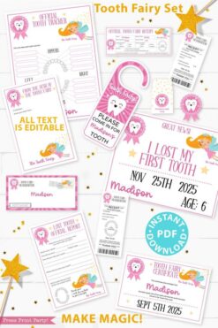 Create a magical tradition. Tooth Fairy printable set pink with tooth fairy letter, receipt, door handle, first tooth certificate, tooth envelope, cash envelope, baby teeth chart, editable by Press Print Party!