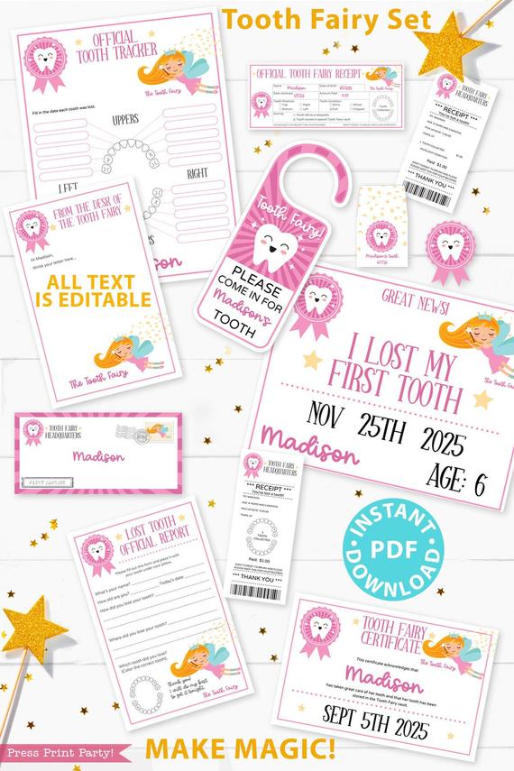 Create a magical tradition. Tooth Fairy printable set pink with tooth fairy letter, receipt, door handle, first tooth certificate, tooth envelope, cash envelope, baby teeth chart, editable by Press Print Party!