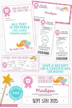 Create a magical tradition. Tooth Fairy printable set pink with tooth fairy letter, receipt, door handle, first tooth certificate, tooth envelope, cash envelope, baby teeth chart, editable by Press Print Party!