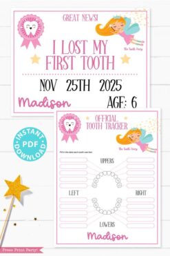 Create a magical tradition. Tooth Fairy printable set pink with tooth fairy letter, receipt, door handle, first tooth certificate, tooth envelope, cash envelope, baby teeth chart, editable by Press Print Party!