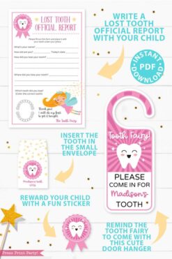 Create a magical tradition. Tooth Fairy printable set pink with tooth fairy letter, receipt, door handle, first tooth certificate, tooth envelope, cash envelope, baby teeth chart, editable by Press Print Party!