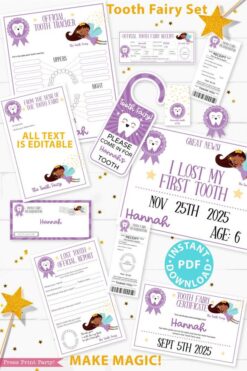 Create a magical tradition. Tooth Fairy printable set purple black tooth fairy for boys or girls with tooth fairy letter, receipt, door handle, first tooth certificate, tooth envelope, cash envelope, baby teeth chart, editable by Press Print Party!