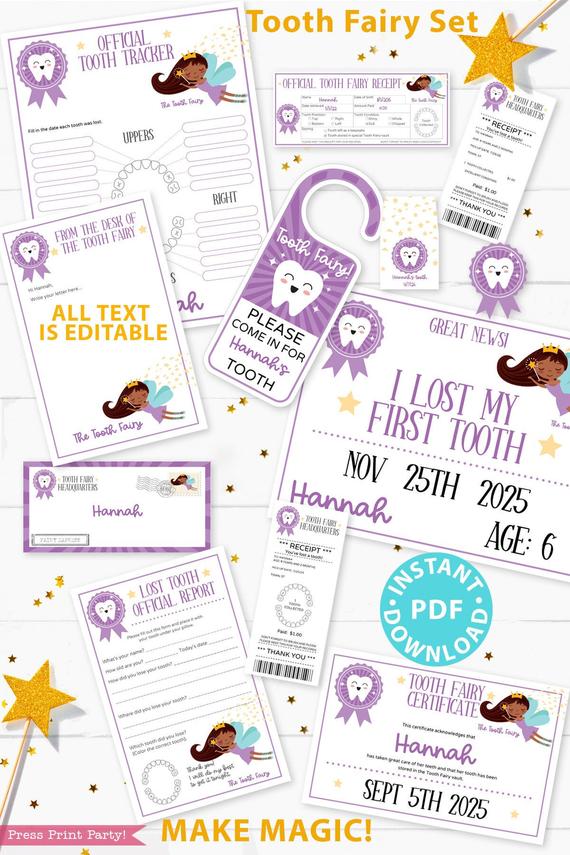 Create a magical tradition. Tooth Fairy printable set purple black tooth fairy for boys or girls with tooth fairy letter, receipt, door handle, first tooth certificate, tooth envelope, cash envelope, baby teeth chart, editable by Press Print Party!
