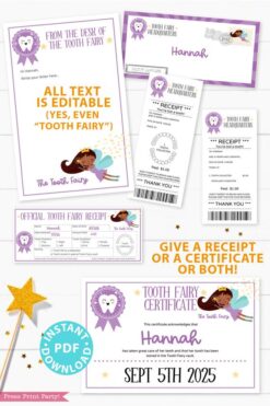 Create a magical tradition. Tooth Fairy printable set purple black tooth fairy for boys or girls with tooth fairy letter, receipt, door handle, first tooth certificate, tooth envelope, cash envelope, baby teeth chart, editable by Press Print Party!