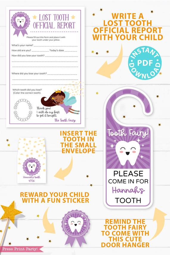 Create a magical tradition. Tooth Fairy printable set purple black tooth fairy for boys or girls with tooth fairy letter, receipt, door handle, first tooth certificate, tooth envelope, cash envelope, baby teeth chart, editable by Press Print Party!