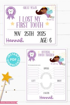 Create a magical tradition. Tooth Fairy printable set purple black tooth fairy for boys or girls with tooth fairy letter, receipt, door handle, first tooth certificate, tooth envelope, cash envelope, baby teeth chart, editable by Press Print Party!