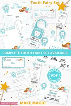 Create a magical tradition. Tooth Fairy printable set blue for boys or girls with letter, receipt, door handle, first tooth certificate, tooth envelope, cash envelope, baby teeth chart, editable by Press Print Party!