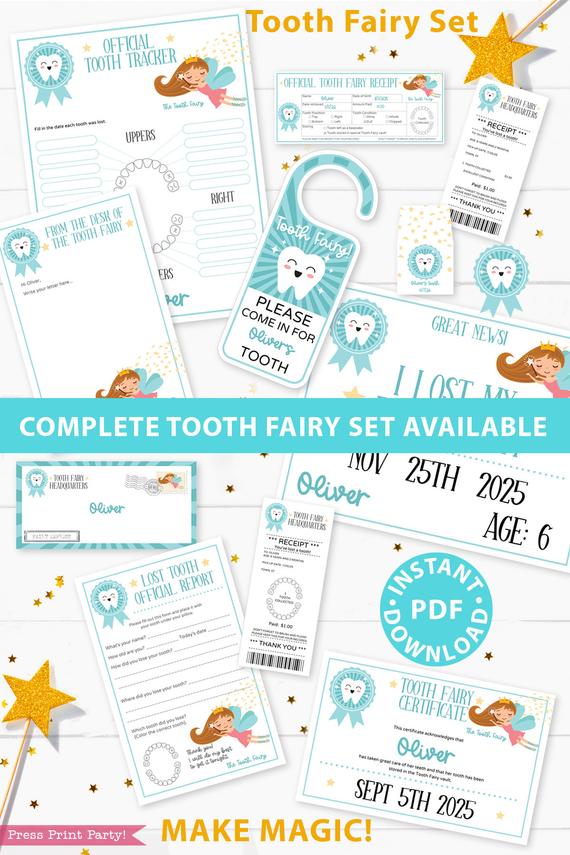 Create a magical tradition. Tooth Fairy printable set blue for boys or girls with letter, receipt, door handle, first tooth certificate, tooth envelope, cash envelope, baby teeth chart, editable by Press Print Party!