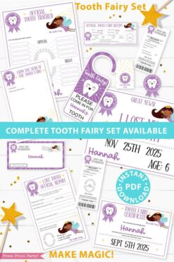 Create a magical tradition. Tooth Fairy printable set purple black tooth fairy for boys or girls with tooth fairy letter, receipt, door handle, first tooth certificate, tooth envelope, cash envelope, baby teeth chart, editable by Press Print Party!