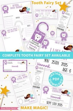 Create a magical tradition. Tooth Fairy printable set purple black tooth fairy for boys or girls with tooth fairy letter, receipt, door handle, first tooth certificate, tooth envelope, cash envelope, baby teeth chart, editable by Press Print Party!