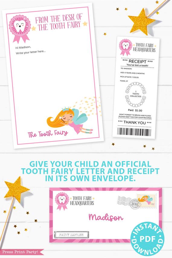 tooth fairy letter receipt printable pink press print party