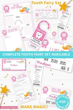 Create a magical tradition. Tooth Fairy printable set pink with tooth fairy letter, receipt, door handle, first tooth certificate, tooth envelope, cash envelope, baby teeth chart, editable by Press Print Party!