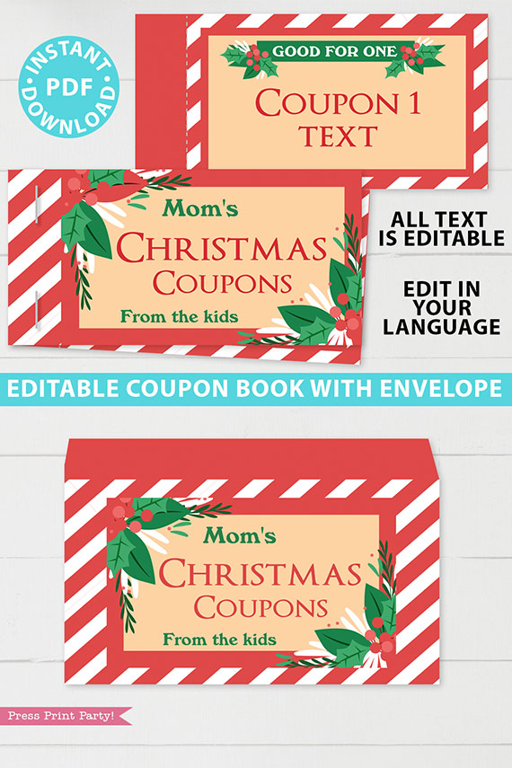 Christmas Coupon Book Printable Template, Gift Idea, Editable Blank Coupon Book, DIY Last Minute Gift Stocking Stuffer, INSTANT DOWNLOAD