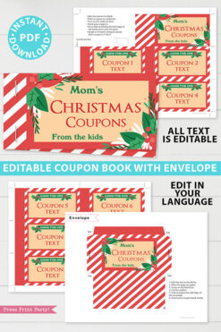 Christmas Coupon Book Printable Template, Gift Idea, Editable Blank Coupon Book, DIY Last Minute Gift Stocking Stuffer, INSTANT DOWNLOAD