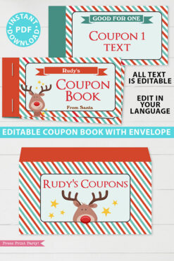 Christmas Coupon Book Printable Template, Kids Gift Idea, Editable Blank Coupons, DIY Last Minute Gift Stocking Stuffer, INSTANT DOWNLOAD rudolf