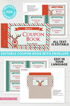 Christmas Coupon Book Printable Template, Kids Gift Idea, Editable Blank Coupons, DIY Last Minute Gift Stocking Stuffer, INSTANT DOWNLOAD rudolf