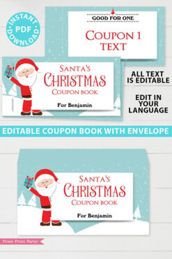 Christmas Coupon Book Printable Template, From Santa Gift Idea, Editable Blank Coupons, Last Minute Gift Stocking Stuffer, INSTANT DOWNLOAD