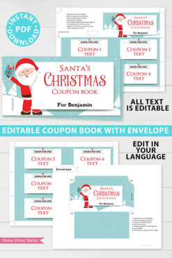 Christmas Coupon Book Printable Template, From Santa Gift Idea, Editable Blank Coupons, Last Minute Gift Stocking Stuffer, INSTANT DOWNLOAD