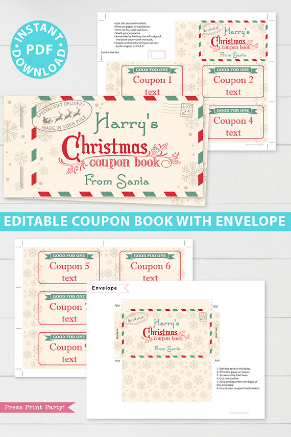 Christmas Coupon Book Printable Template, Gift Idea, Editable Blank Coupons, Last Minute Gift Stocking Stuffer, Vintage, INSTANT DOWNLOAD