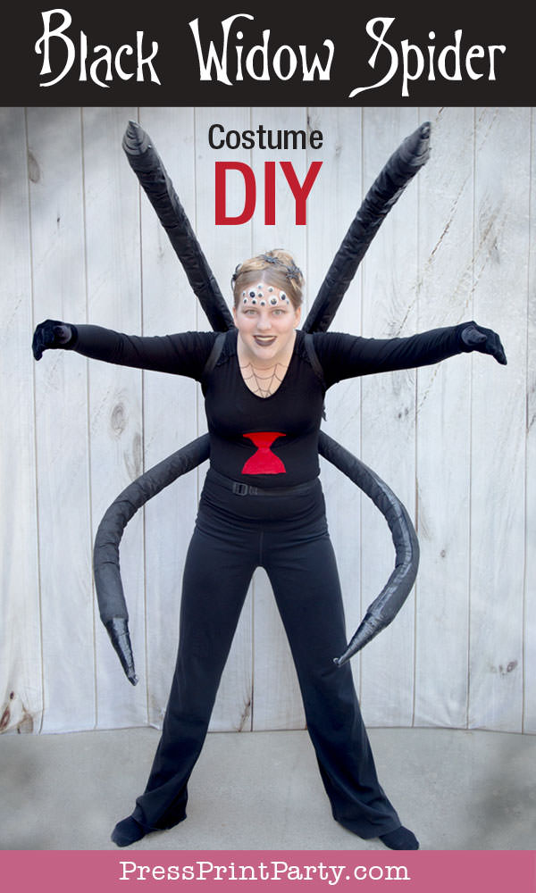 Spectacular Black Widow costume DIY - Girl standing looking like a spider.How to make a spider costume at home - Press Print Party