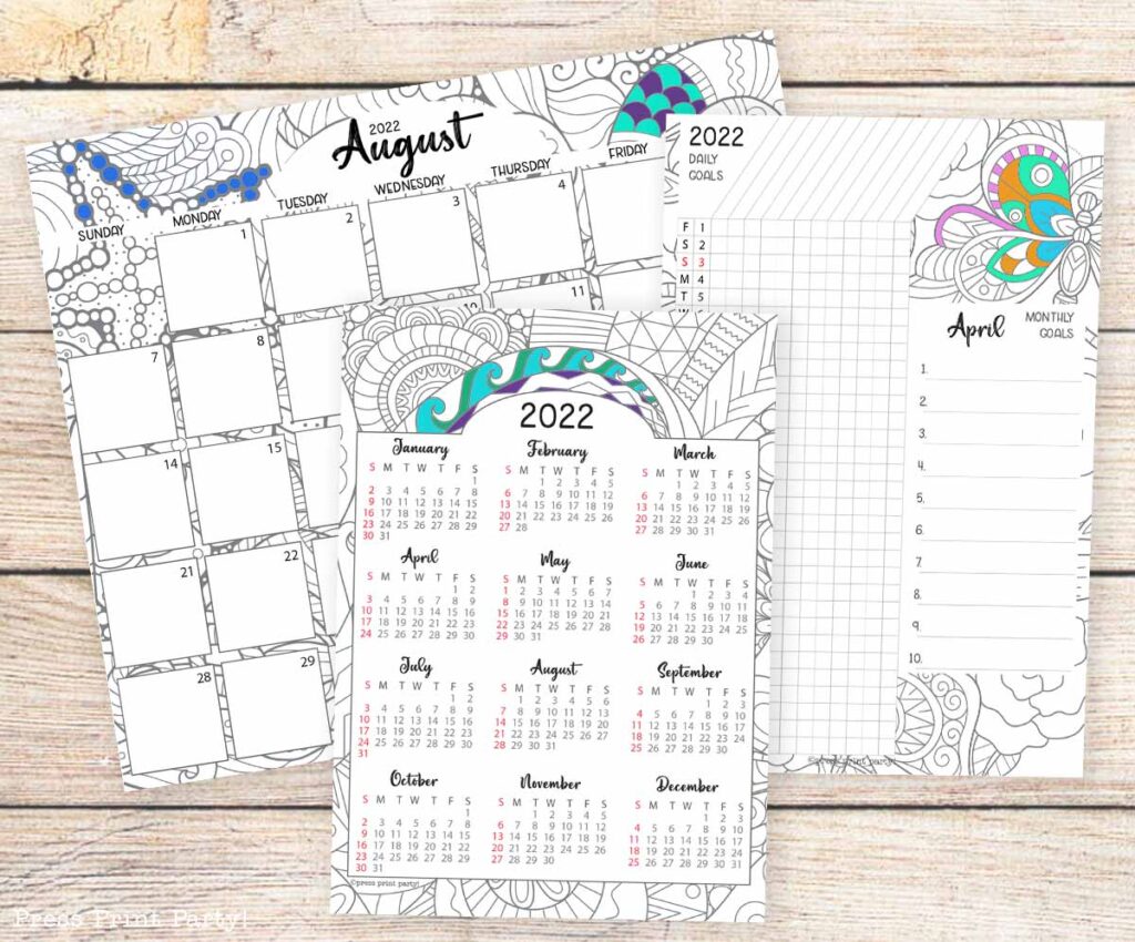 bullet journal calendars adult coloring calendar pages monthly calendar, daily tracker, goals, yearly calendar press print party