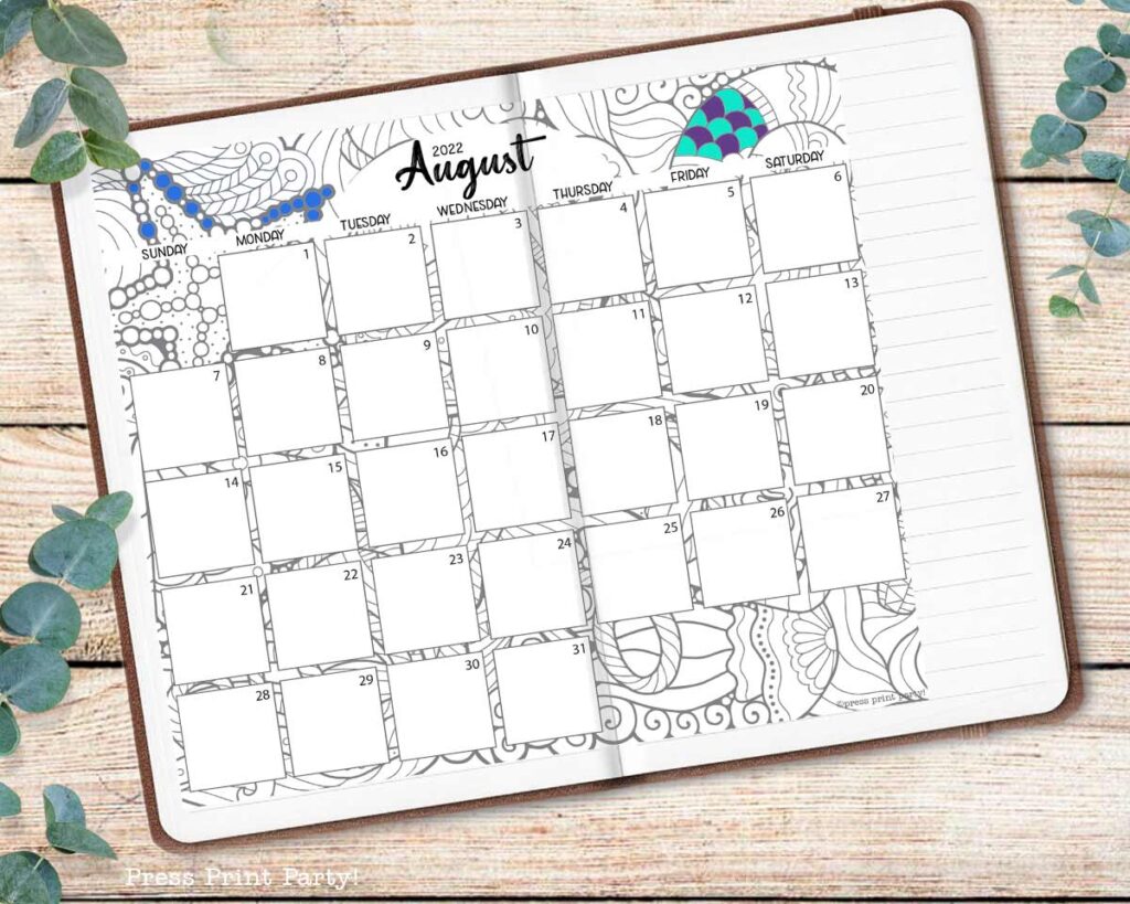 bullet journal calendar adult coloring august calendar press print party
