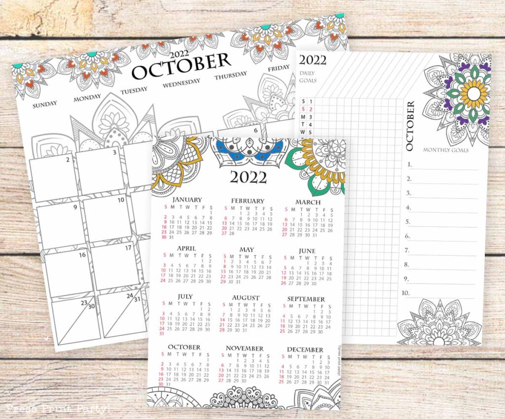 bullet journal calendars adult coloring calendar pages monthly calendar, daily tracker, goals, yearly calendar. mandala press print party