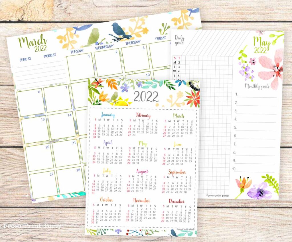 bullet journal calendars watercolor calendar pages monthly calendar, daily tracker, goals, yearly calendar press print party