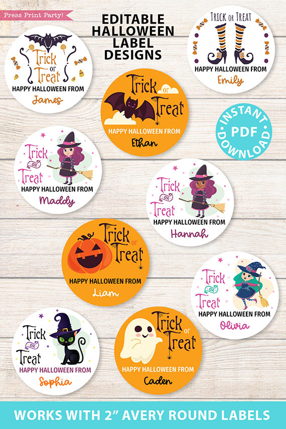 9 Halloween label stickers 9" round with witches, ghosts, pumpkins, cats, black Witch, bat, printable and editable by Press Print Party!