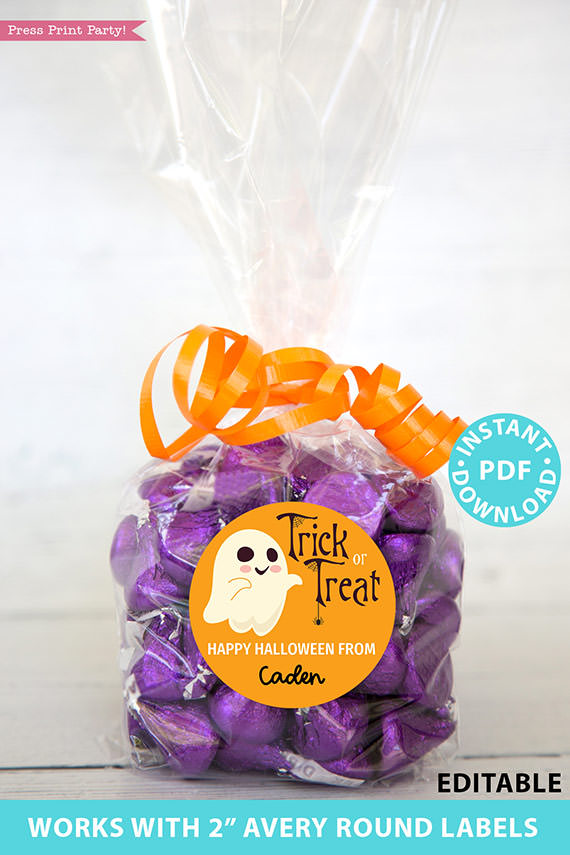 Halloween Labels Printable Avery 2" Round Labels Customizable with Editable text, Halloween treat sticker, Ghost Design, INSTANT DOWNLOAD