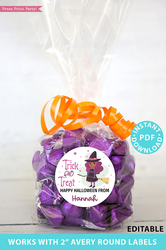 Halloween Labels Printable Avery 2" Round Labels Customizable with Editable text, Halloween treat sticker, Purple black Witch, INSTANT DOWNLOAD