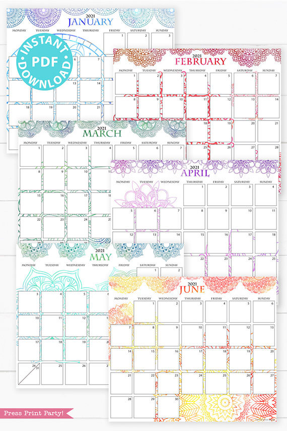 January, February, March, April, May, June,MONDAY Start 2021 Calendar Printable Set, Mandala Watercolor, Bullet Journal Printable, Monthly Calendar Daily Routine, INSTANT DOWNLOAD