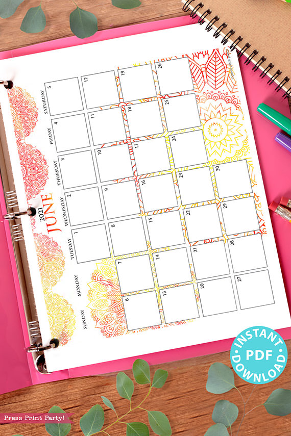 2021 Monthly Printable Calendar Template, Watercolor Mandala, Bullet Journal Calendar Download, Monthly Planner, Sunday, INSTANT DOWNLOAD