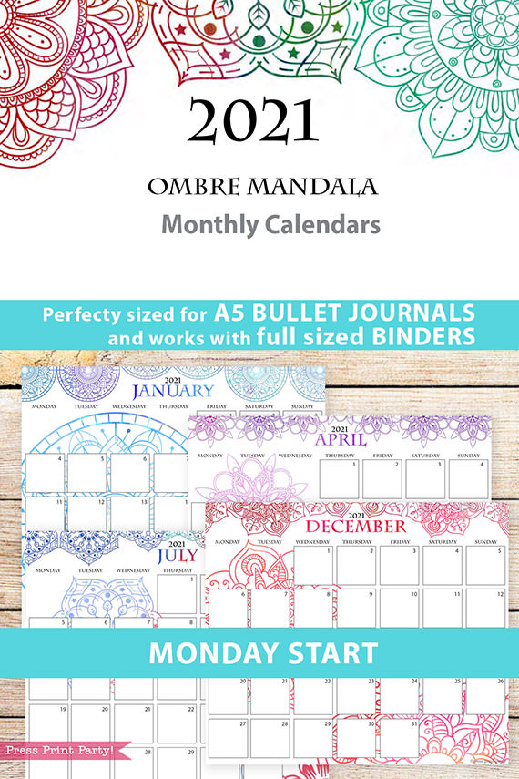 MONDAY Start 2021 Calendar Printable Set, Mandala Watercolor, Bullet Journal Printable, Monthly Calendar Daily Routine, INSTANT DOWNLOAD