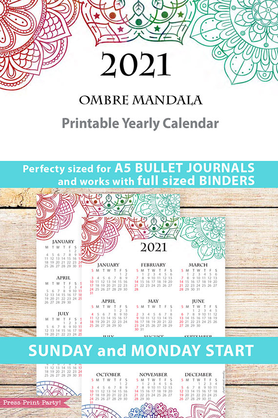 2021 Yearly Calendar Template Printable, Watercolor Mandala, Bullet Journal Printable Calendar Download, Calendar Insert, INSTANT DOWNLOAD
