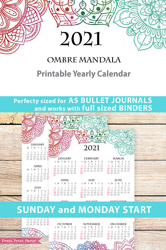 2021 Yearly Calendar Template Printable Watercolor Mandala Press Print Party
