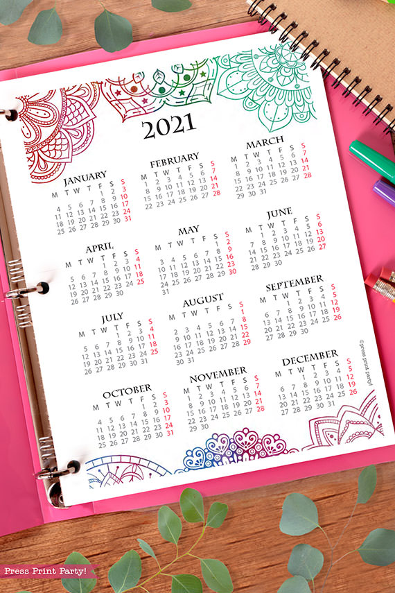 2021 Yearly Calendar Template Printable, Watercolor Mandala, Bullet Journal Printable Calendar Download, Calendar Insert, INSTANT DOWNLOAD