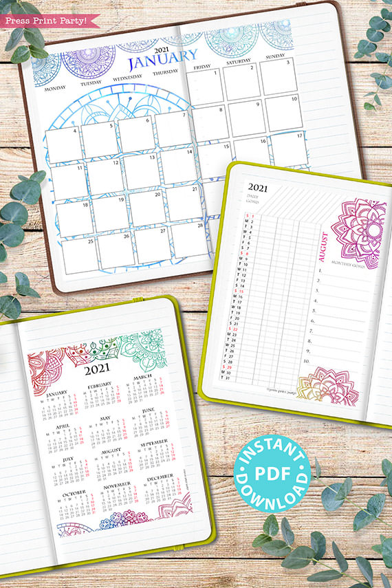 MONDAY Start 2021 Monthly Calendar Printable Template, Watercolor Mandala, Bullet Journal Calendar, Planner, Sunday, INSTANT DOWNLOAD