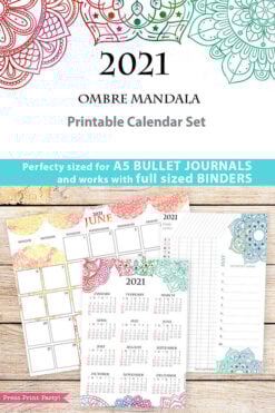 2021 Calendar Printable Template Set, Mandala Watercolor, Bullet Journal Printable, Binder, Monthly Calendar Daily Routine, INSTANT DOWNLOAD