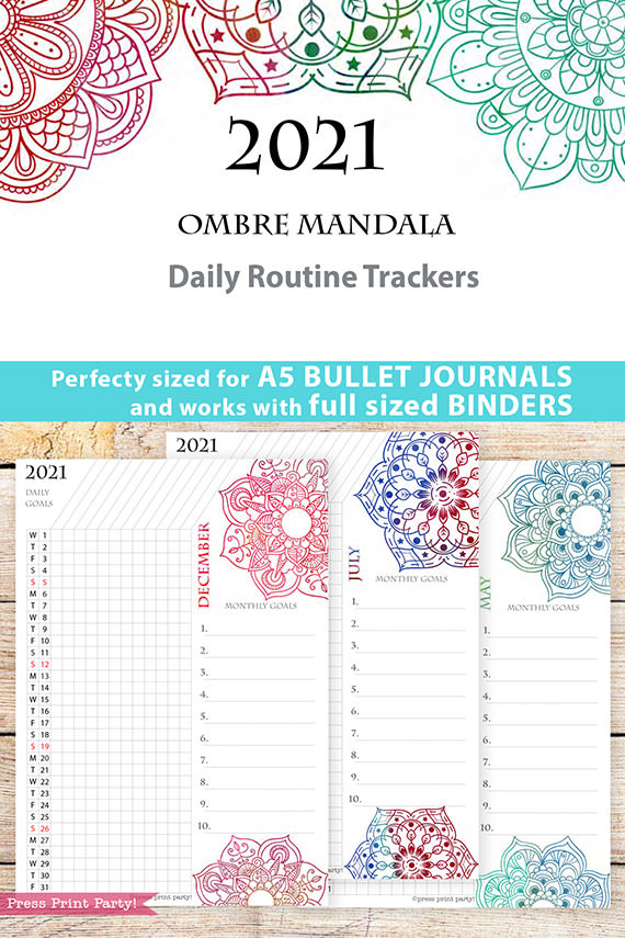 2021 Daily Routine Printables, Habit Tracker, Watercolor Mandala Bullet Journal Printable, Daily Tracker Goal Planner, INSTANT DOWNLOAD