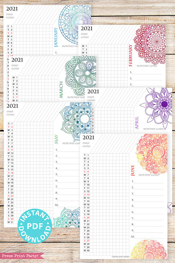 January, February, March, April, May, June, 2021 Daily Routine Printables, Habit Tracker, Watercolor Mandala Bullet Journal Printable, Daily Tracker Goal Planner, INSTANT DOWNLOAD