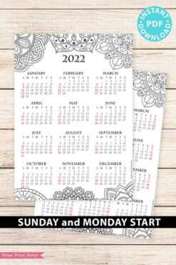 2022 Yearly Calendar Template Printable, Mandala Coloring, Bullet Journal Printable Calendar Insert, One Page Calendar, INSTANT DOWNLOAD press print party